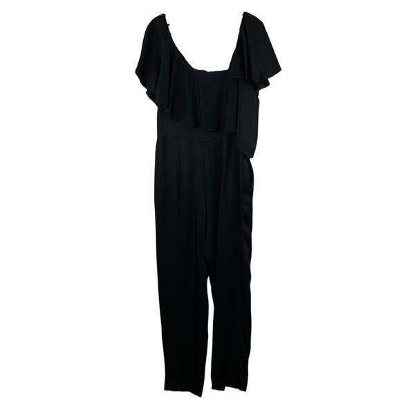 Jill Stuart Black Crepe Satin Ruffle Asymmetrical Neckline Jumpsuit Size 8 - Picture 3 of 12